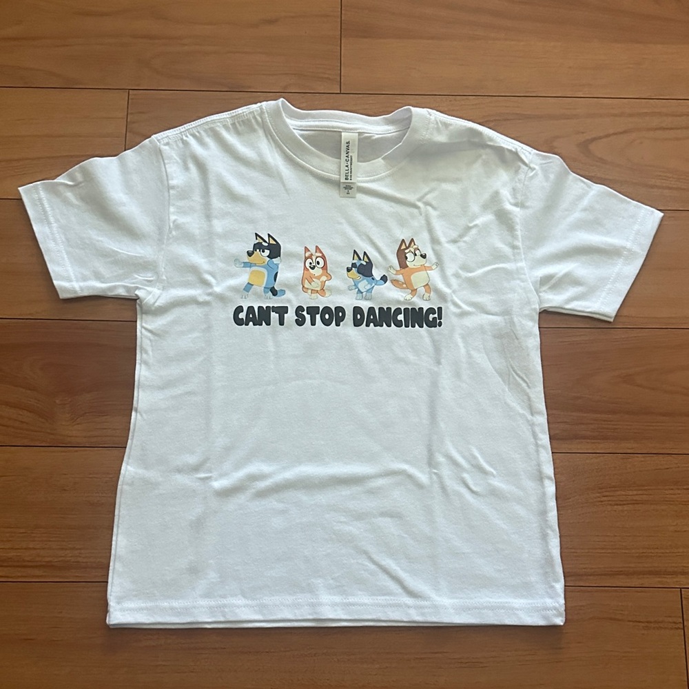 Bella Canvas Bluey White Kids Tee - Can't Stop Dancing. Size Small